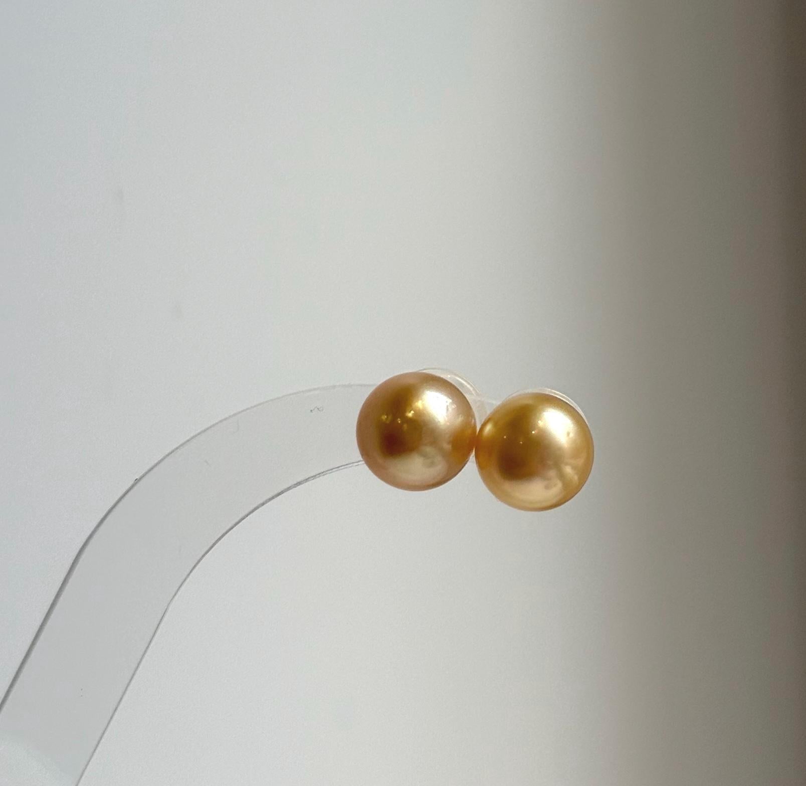 Elly’s 10.4mm Genius natural South sea deep golden ocean Pearls Earrings studs: Extreme luster, S925 silver minimalist earrings studs. high quality golden ocean pearls earrings studs for her
