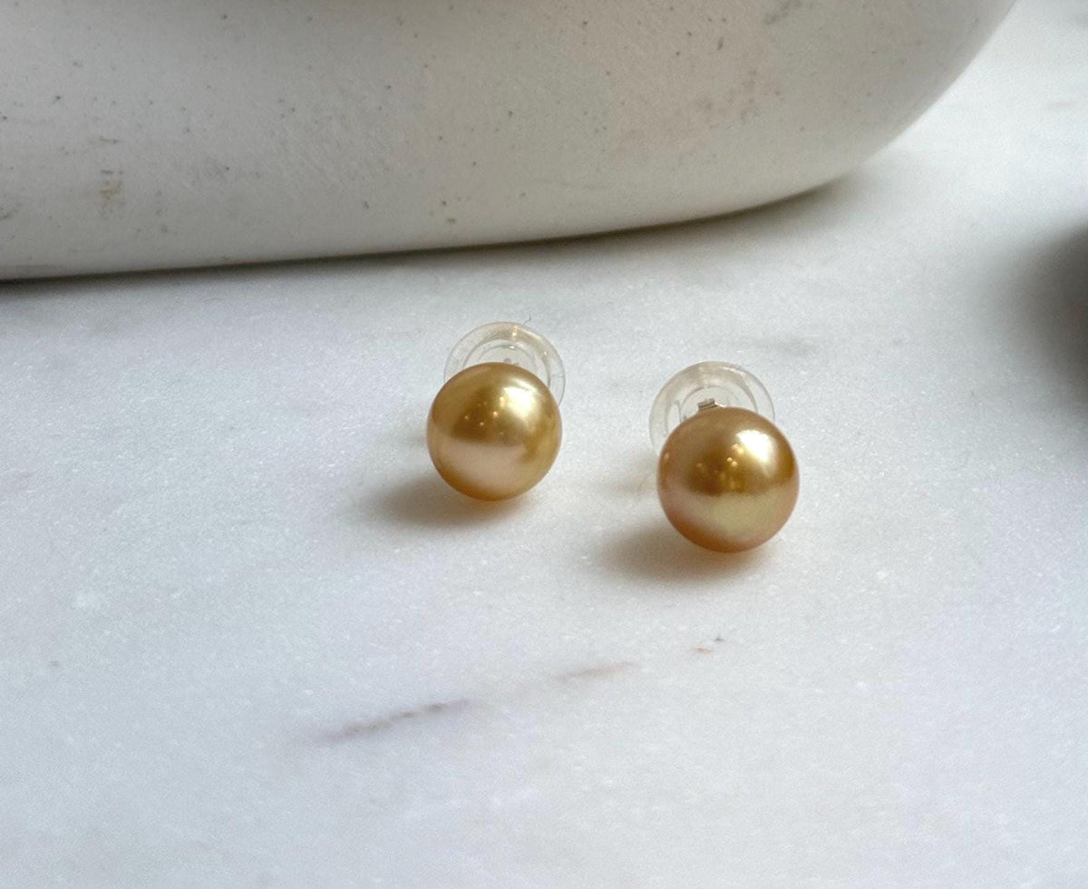 Elly’s 10.4mm Genius natural South sea deep golden ocean Pearls Earrings studs: Extreme luster, S925 silver minimalist earrings studs. high quality golden ocean pearls earrings studs for her