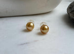 Elly’s 10.4mm Genius natural South sea deep golden ocean Pearls Earrings studs: Extreme luster, S925 silver minimalist earrings studs. high quality golden ocean pearls earrings studs for her