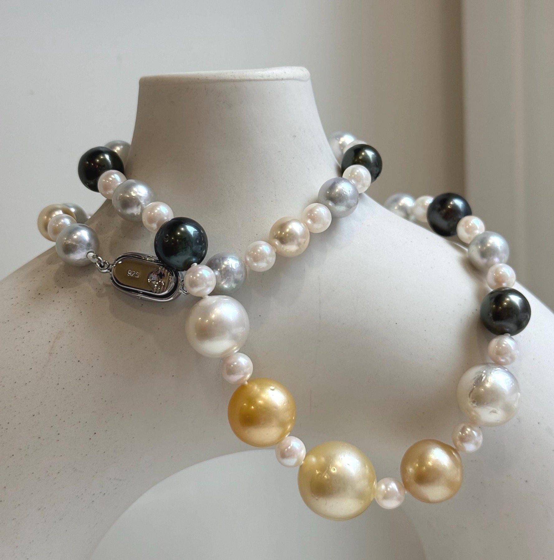 Elly’s 55pcs Multicolor ocean pearls necklace:Extreme luster mirrored, knotted, 18.7”, S925 silver necklace strand. high quality multicolor ocean pearls necklace strand