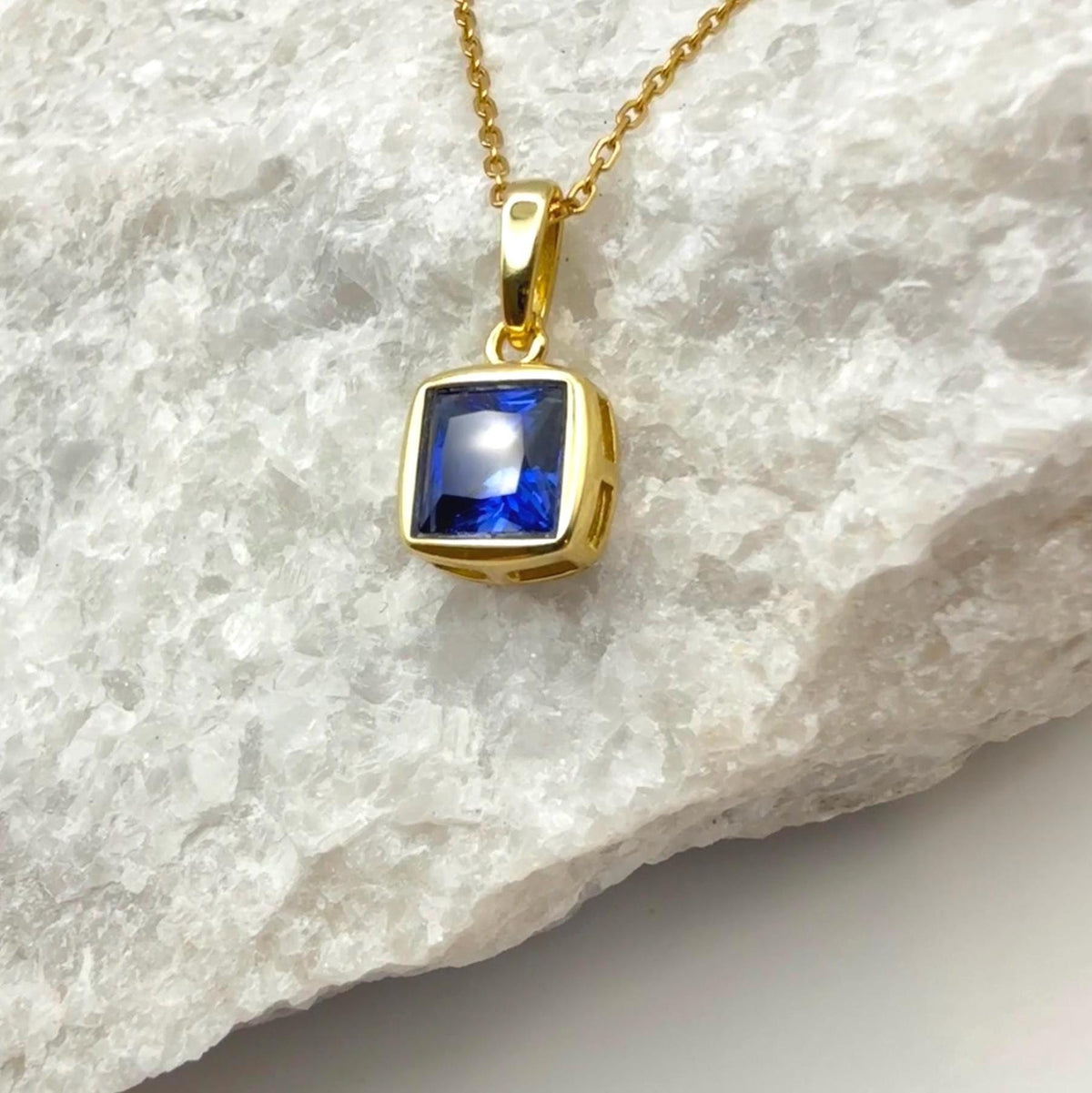 Bezel Princess Cut Lab Sapphire Necklace | 1.2 CT Royal Blue Brilliant Cut Sapphire Solitaire Pendant | Solid S925 Silver Minimalist Jewelry
