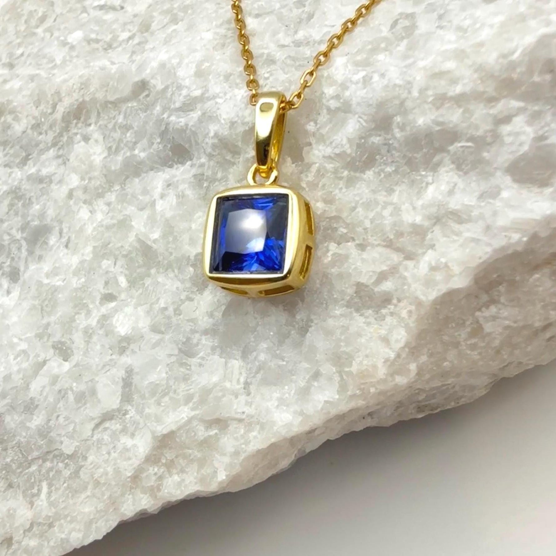 Bezel Princess Cut Lab Sapphire Necklace | 1.2 CT Royal Blue Brilliant Cut Sapphire Solitaire Pendant | Solid S925 Silver Minimalist Jewelry