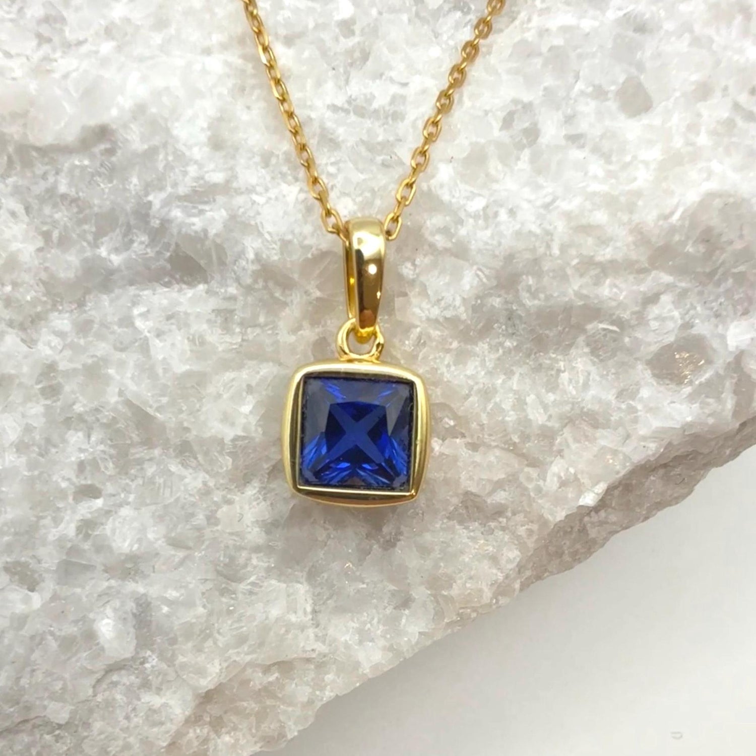 Bezel Princess Cut Lab Sapphire Necklace | 1.2 CT Royal Blue Brilliant Cut Sapphire Solitaire Pendant | Solid S925 Silver Minimalist Jewelry