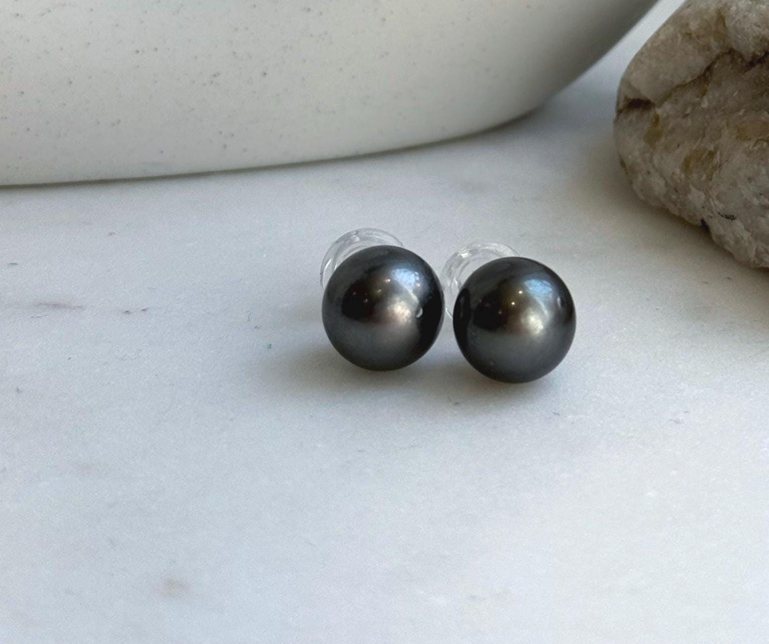 Elly’s 12.3mm Tahitian Black Platinum ocean Pearls Earrings Studs: Extreme luster Mirrored,S925 silver minimalist earrings. black pearls daily office earrings studs for her