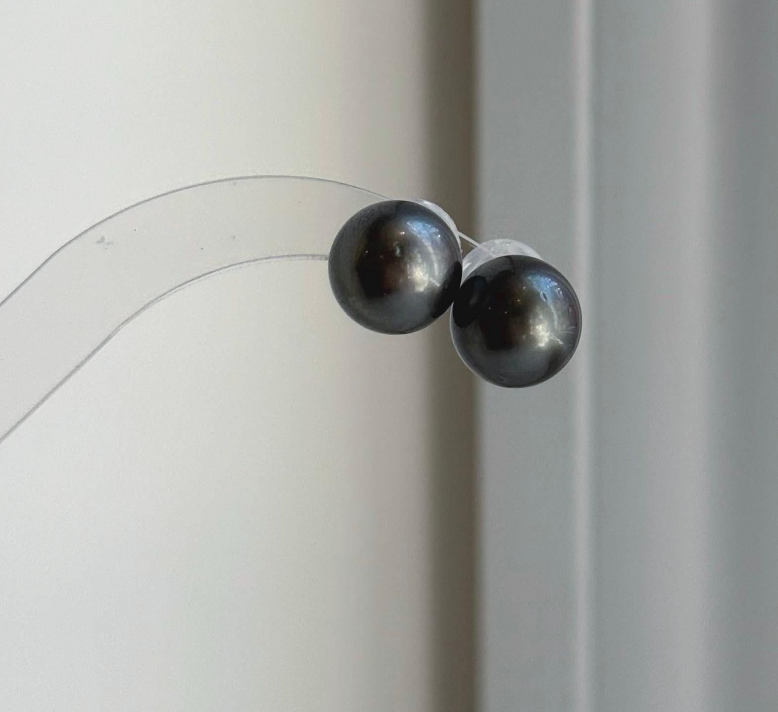 Elly’s 12.3mm Tahitian Black Platinum ocean Pearls Earrings Studs: Extreme luster Mirrored,S925 silver minimalist earrings. black pearls daily office earrings studs for her holiday