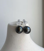 Elly’s 12.3mm Tahitian Black Platinum ocean Pearls Earrings Studs: Extreme luster Mirrored,S925 silver minimalist earrings. black pearls daily office earrings studs for her