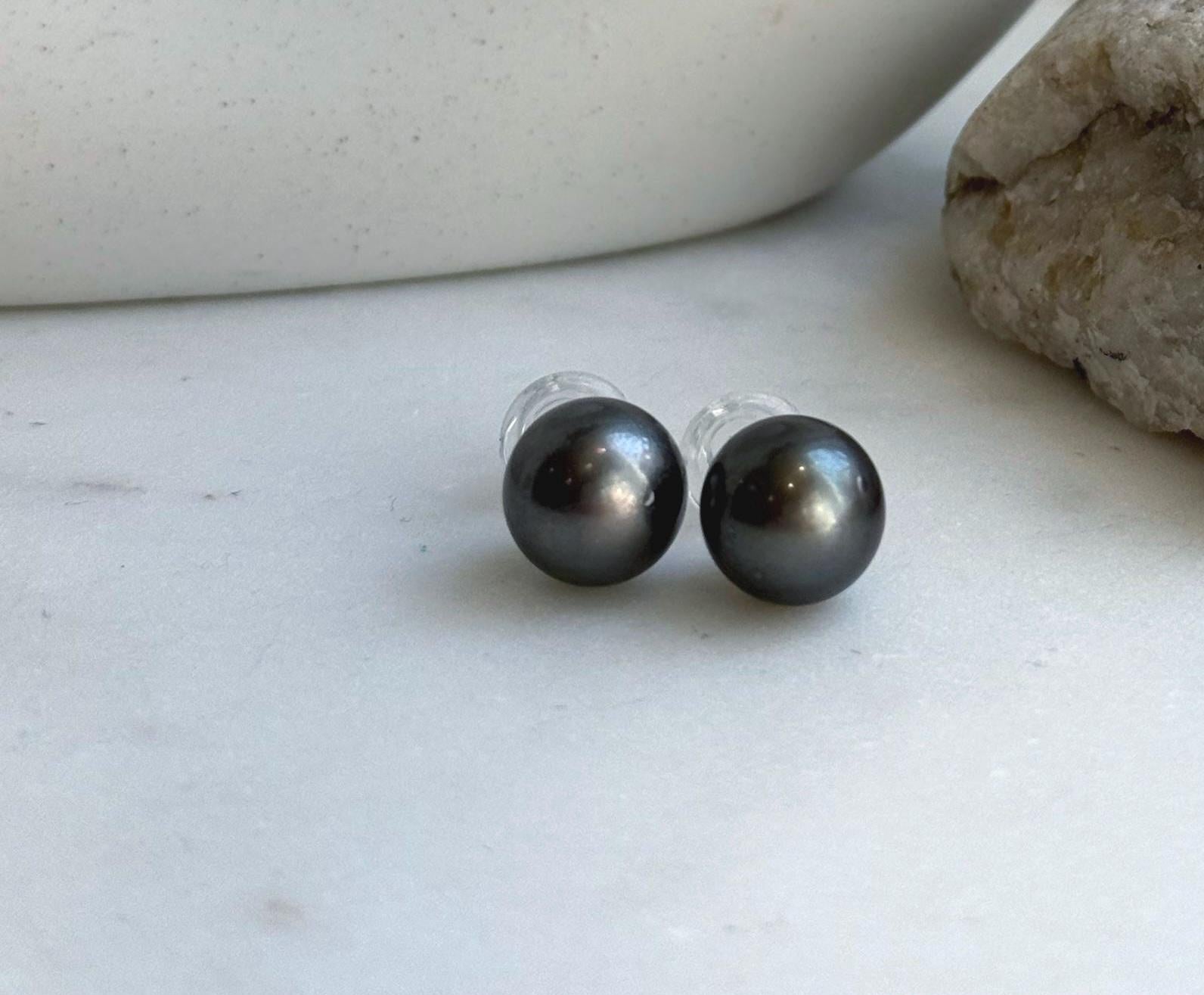 Elly’s 12.3mm Tahitian Black Platinum ocean Pearls Earrings Studs: Extreme luster Mirrored,S925 silver minimalist earrings. black pearls daily office earrings studs for her