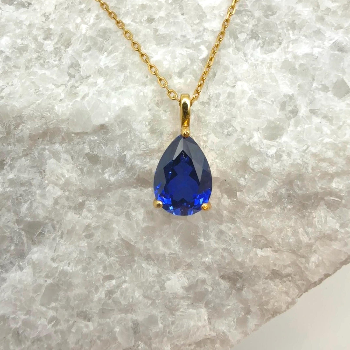 Teardrop Sapphire 3-Prong Necklace | 2.0 CT Royal Blue Pear Cut Lab Sapphire Solitaire Pendant | Solid S925 Silver Minimalist Jewelry