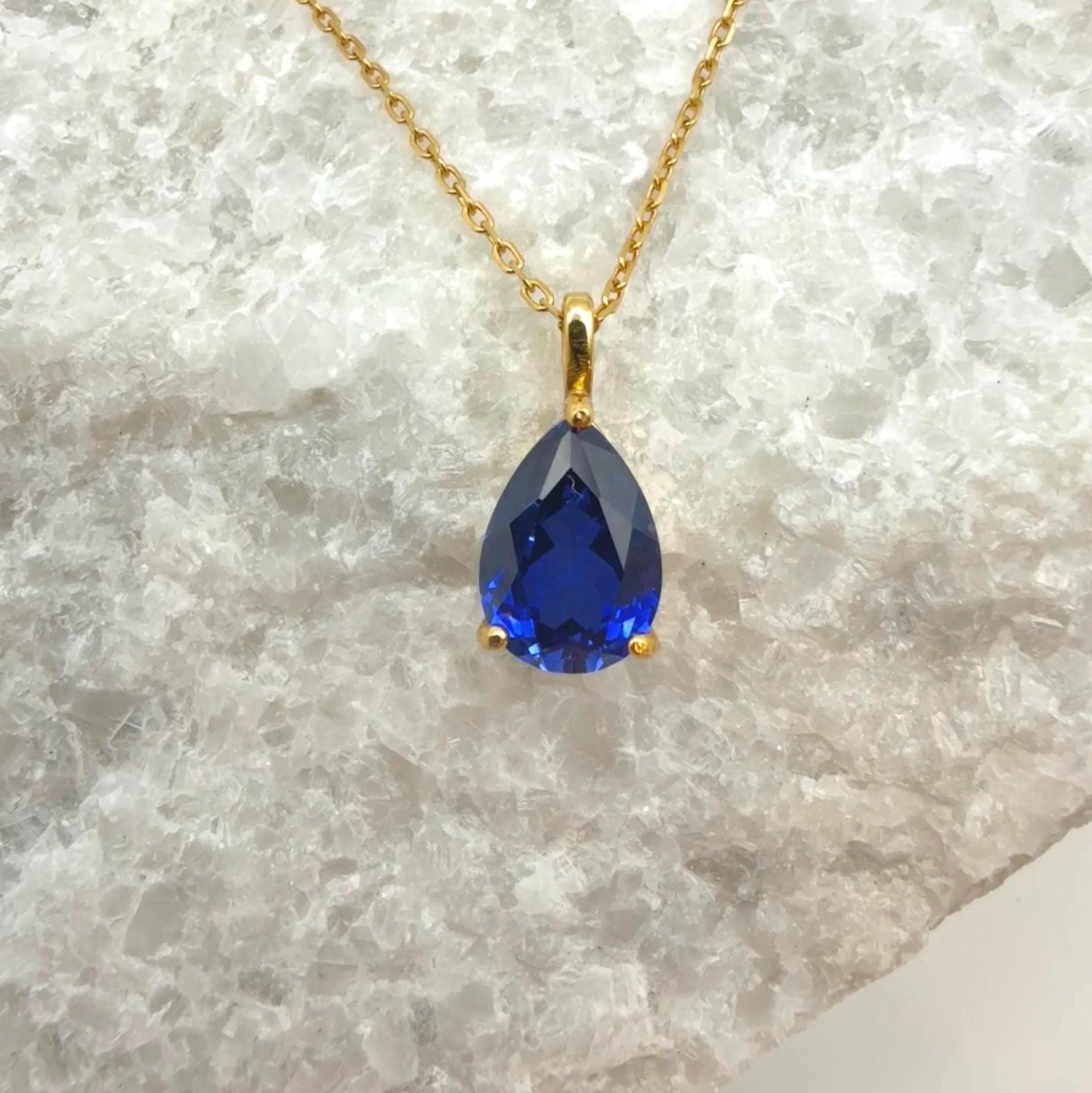 Teardrop Sapphire 3-Prong Necklace | 2.0 CT Royal Blue Pear Cut Lab Sapphire Solitaire Pendant | Solid S925 Silver Minimalist Jewelry
