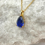 Teardrop Sapphire 3-Prong Necklace | 2.0 CT Royal Blue Pear Cut Lab Sapphire Solitaire Pendant | Solid S925 Silver Minimalist Jewelry