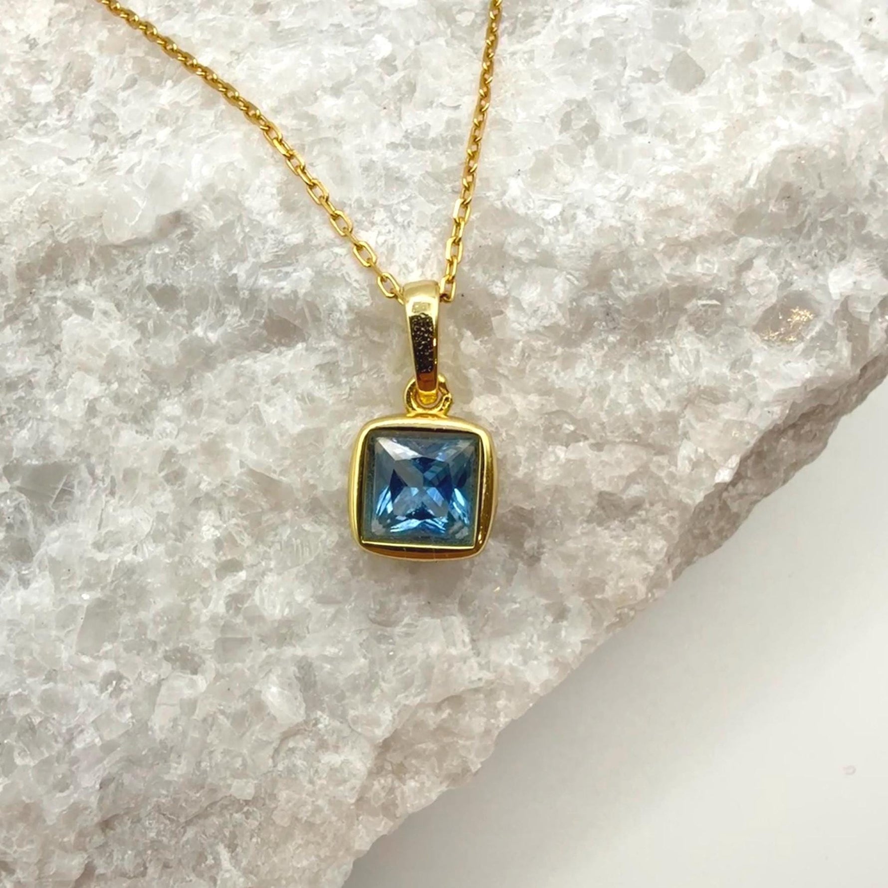 Bezel Princess Cut Aquamarine Necklace | 1.2 CT Santa Maria Blue Lab Simulant Aquamarine Pendant | Solid S925 Silver Minimalist Jewelry