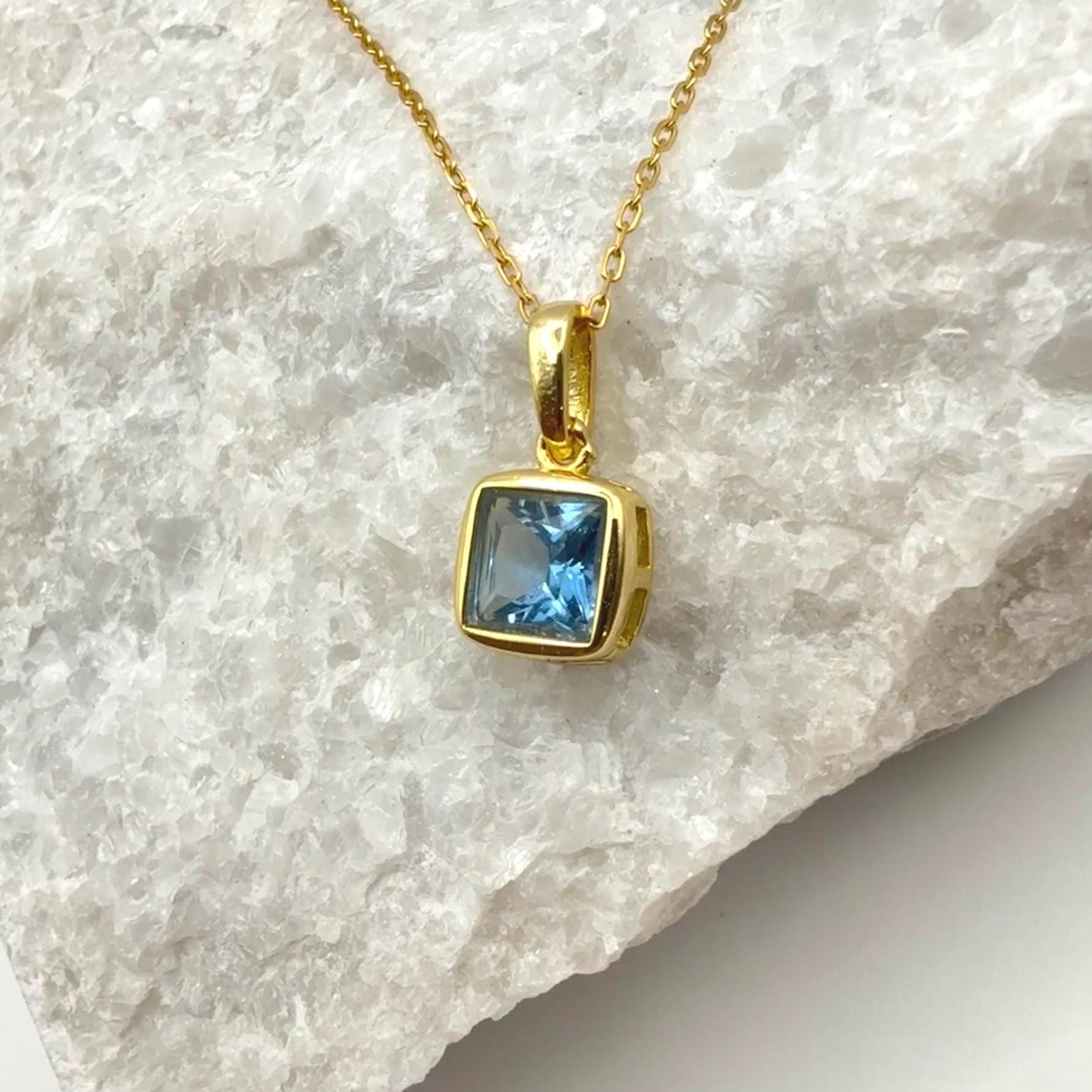 Bezel Princess Cut Aquamarine Necklace | 1.2 CT Santa Maria Blue Lab Simulant Aquamarine Pendant | Solid S925 Silver Minimalist Jewelry