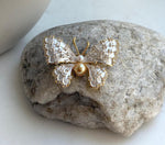 Elly’s White Golden pearls butterfly brooch pendant 2in1: Extreme luster mirrored, daily office pearl brooch for her Mother’s Day gift