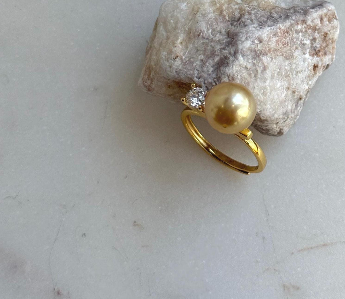 Elly’s 9.6mm South sea deep golden ocean pearl Ring: Extreme luster mirrored, S925 silver with gold plated adjustable floral Ring. high quality golden pearl ring for her anniversary