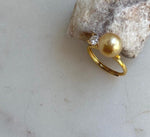 Elly’s 9.6mm South sea deep golden ocean pearl Ring: Extreme luster mirrored, S925 silver with gold plated adjustable floral Ring. high quality golden pearl ring for her