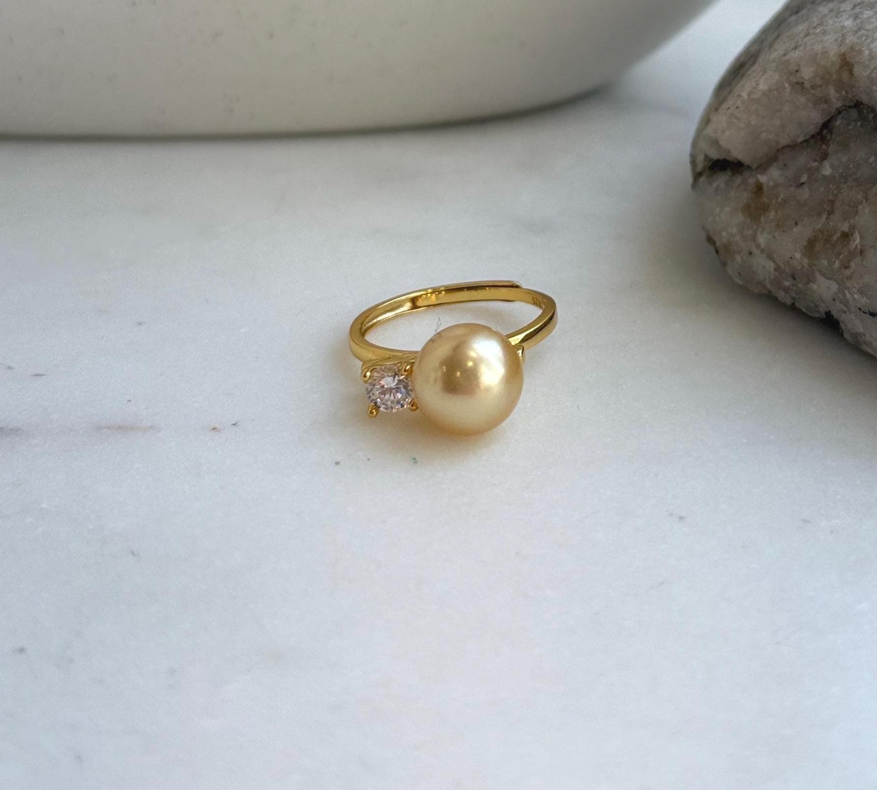 Elly’s 9.6mm South sea deep golden ocean pearl Ring: Extreme luster mirrored, S925 silver with gold plated adjustable floral Ring. high quality golden pearl ring for her