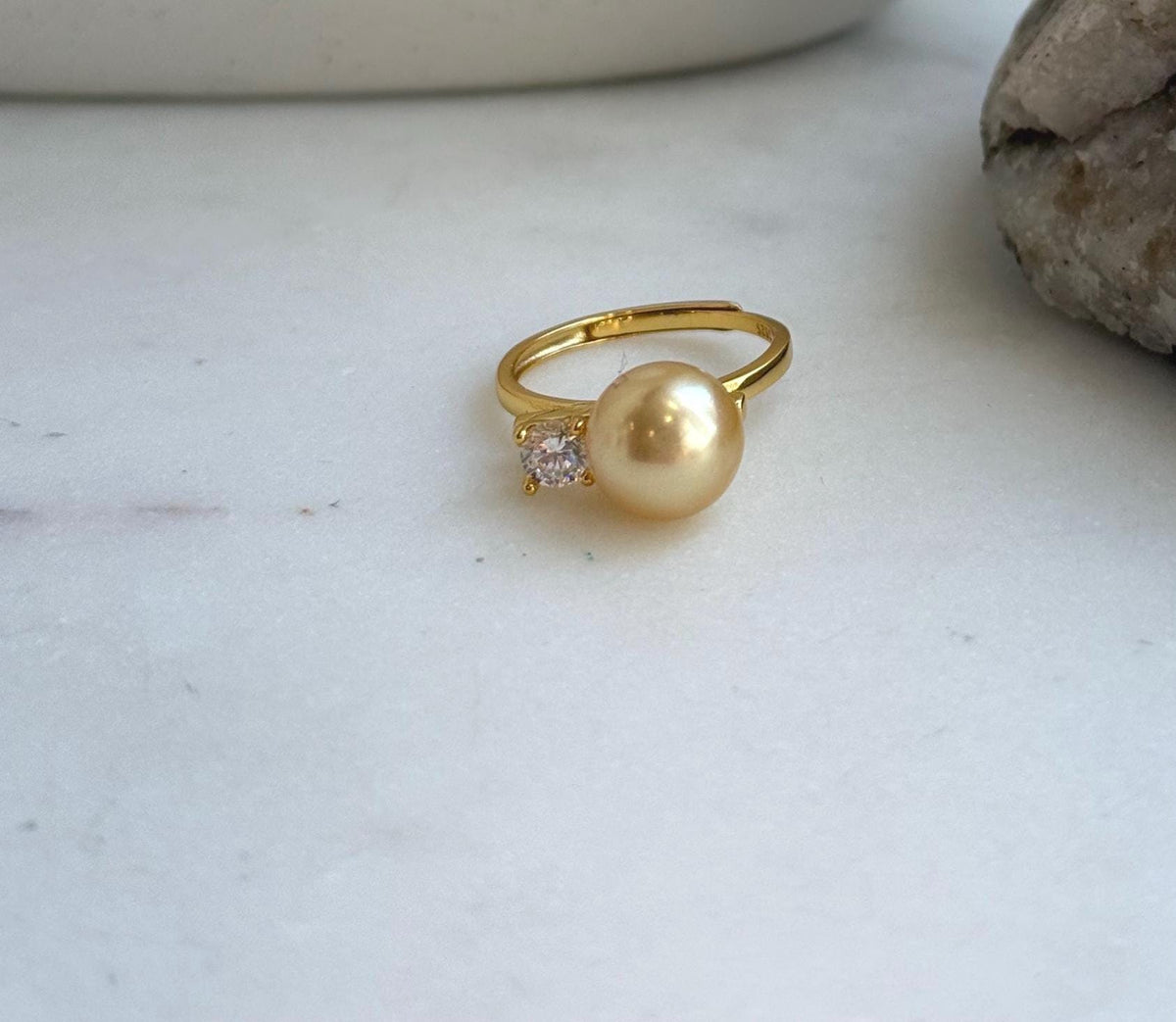 Elly’s 9.6mm South sea deep golden ocean pearl Ring: Extreme luster mirrored, S925 silver with gold plated adjustable floral Ring. high quality golden pearl ring for her
