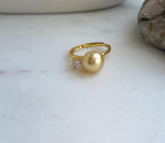 Elly’s 9.6mm South sea deep golden ocean pearl Ring: Extreme luster mirrored, S925 silver with gold plated adjustable floral Ring. high quality golden pearl ring for her