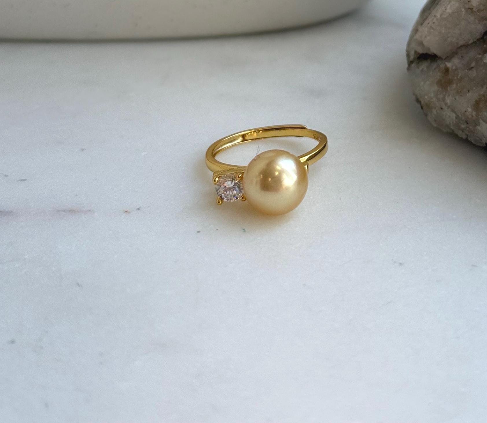 Elly’s 9.6mm South sea deep golden ocean pearl Ring: Extreme luster mirrored, S925 silver with gold plated adjustable floral Ring. high quality golden pearl ring for her