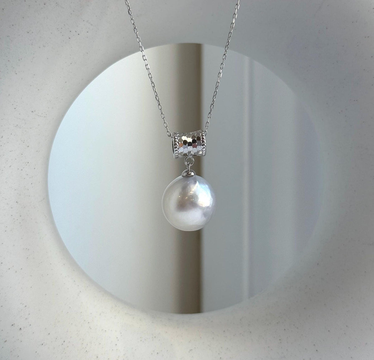 Elly’s 13.4mm Genius Australian Ocean White silver pearl Pendant: Extreme luster mirrored, 2.5cm high, S925 Silver pendant necklace set. high quality white ocean pearl pendant for her birthday anniversary daily office wear