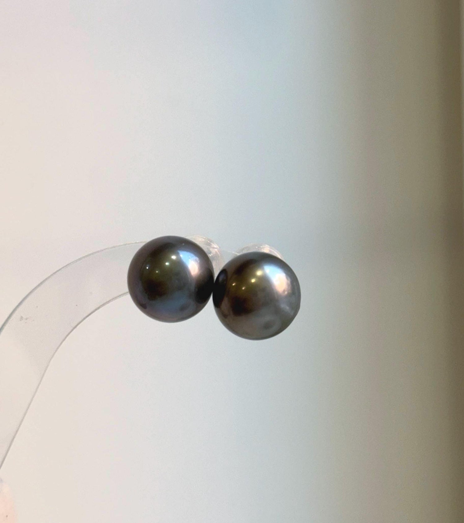 Elly’s 13.1mm Large Tahitian Black Platinum ocean Pearls Earrings Studs: Extreme luster Mirrored,S925 silver minimalist earrings.