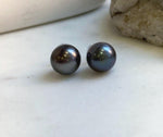 Elly’s 13.1mm Large Tahitian Black Platinum ocean Pearls Earrings Studs: Extreme luster Mirrored,S925 silver minimalist earrings.