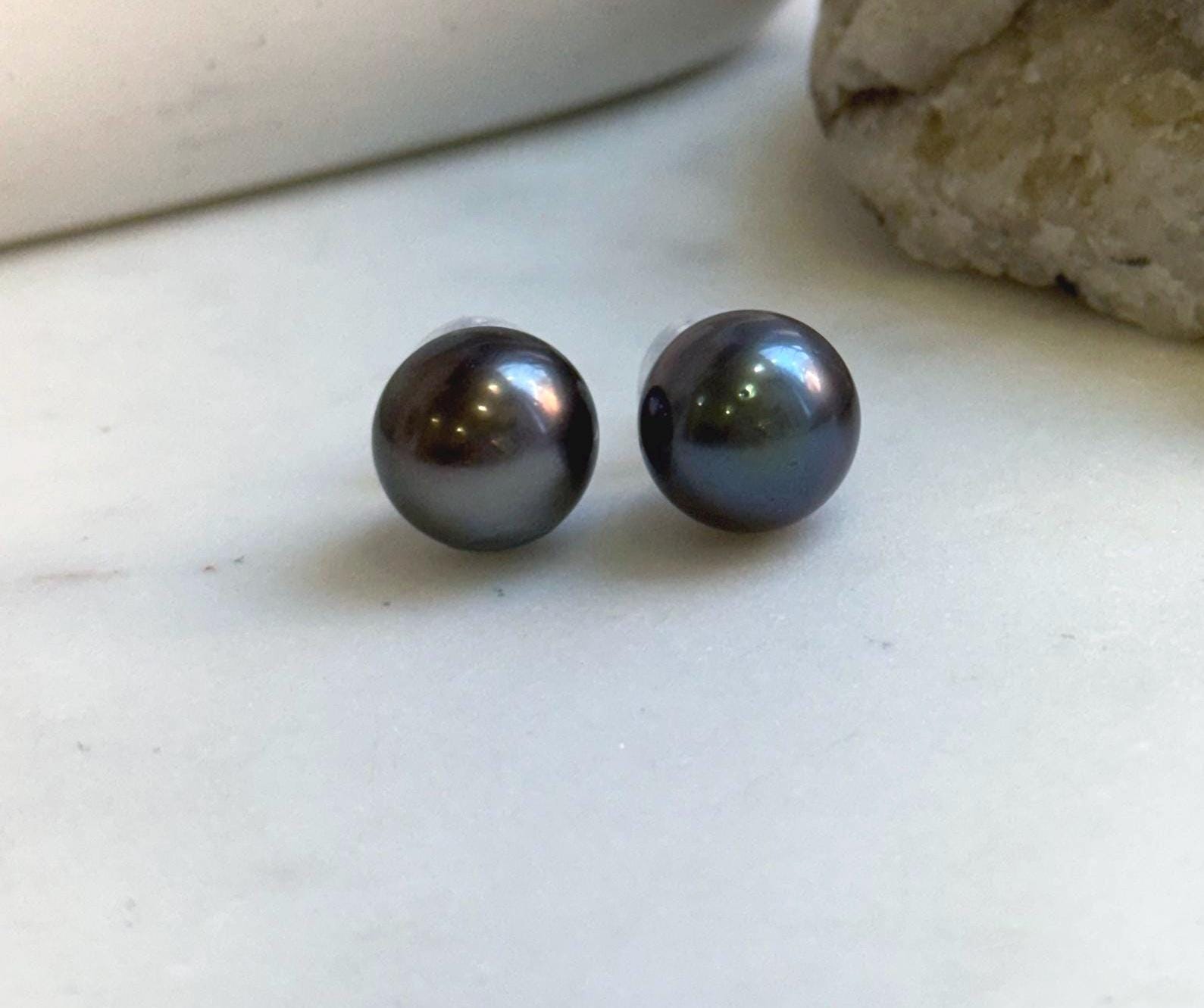 Elly’s 13.1mm Large Tahitian Black Platinum ocean Pearls Earrings Studs: Extreme luster Mirrored,S925 silver minimalist earrings.