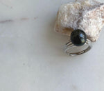Elly’s 10.8x11.3mm Tahitian Ocean black Platinum Pearl Ring: Extreme luster mirrored, S925 silver Minimalist adjustable Ring.