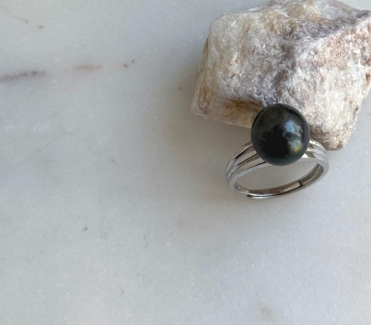 Elly’s 10.8x11.3mm Tahitian Ocean black Platinum Pearl Ring: Extreme luster mirrored, S925 silver Minimalist adjustable Ring.