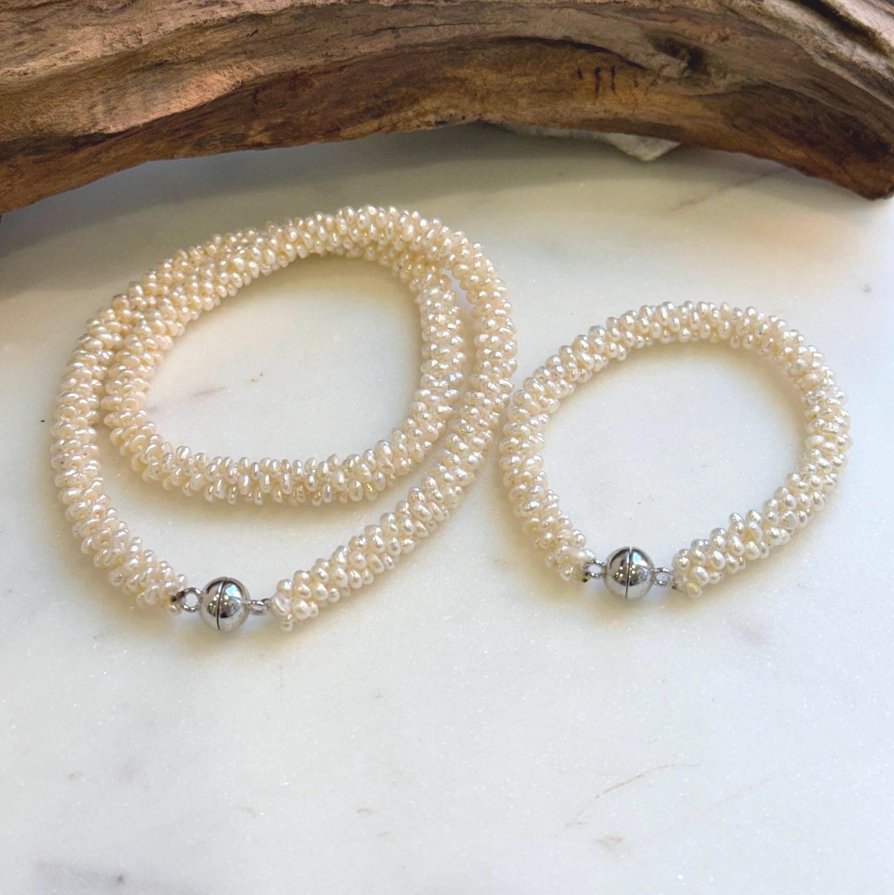 Elly’s Ivory rice Keshi Pearls Caterpillar Necklace Strand Bracelet Set: 2-3mm, thousand pearls, S925 silver magnetic clips.