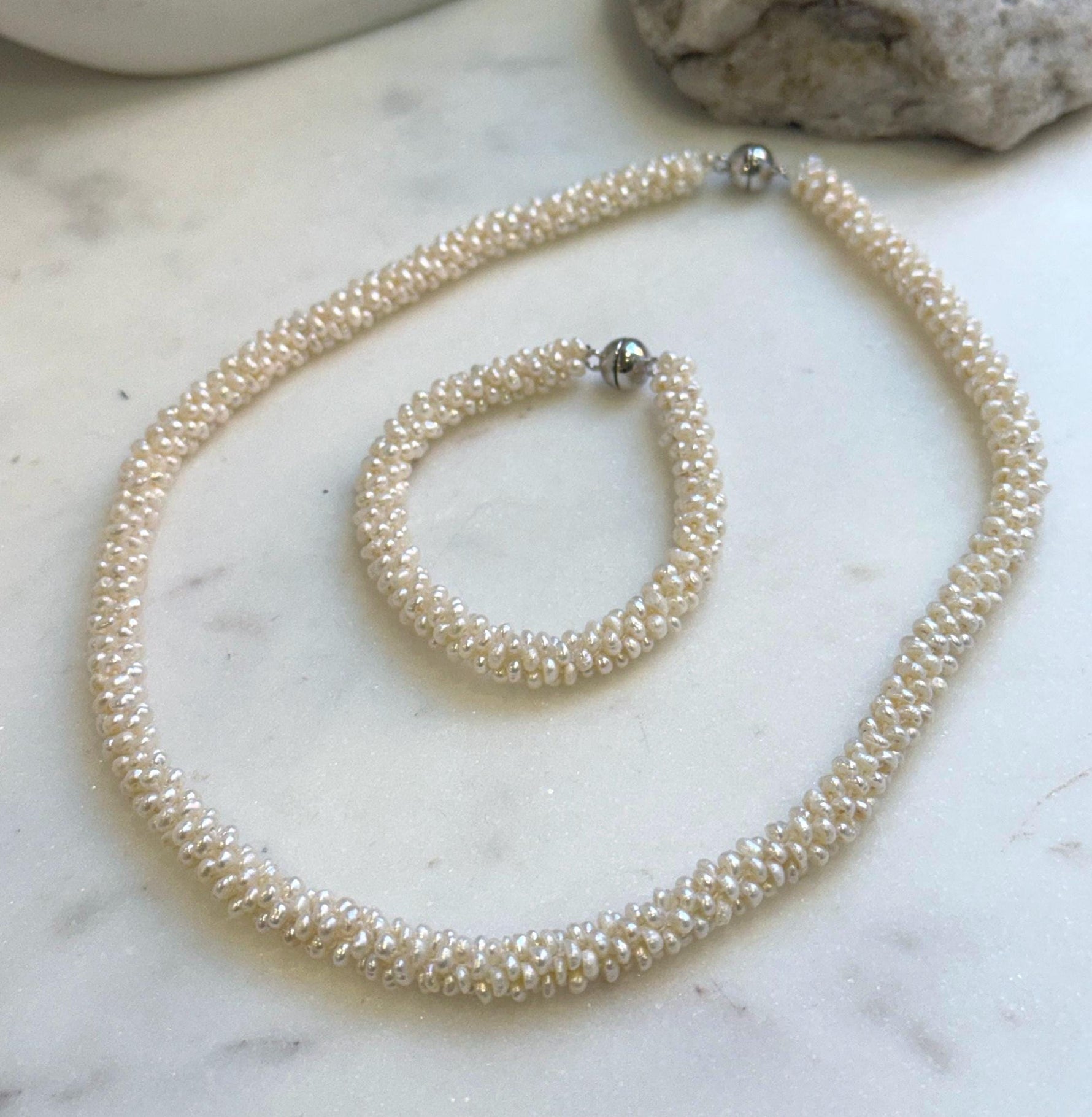 Elly’s Ivory rice Keshi Pearls Caterpillar Necklace Strand Bracelet Set: 2-3mm, thousand pearls, S925 silver magnetic clips. gift for her