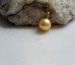 Elly’s 11.8mm Genius South sea ultra gold ocean pearl Pendant: Extreme luster, 2cm high, s925 silver minimalist daily pendant.