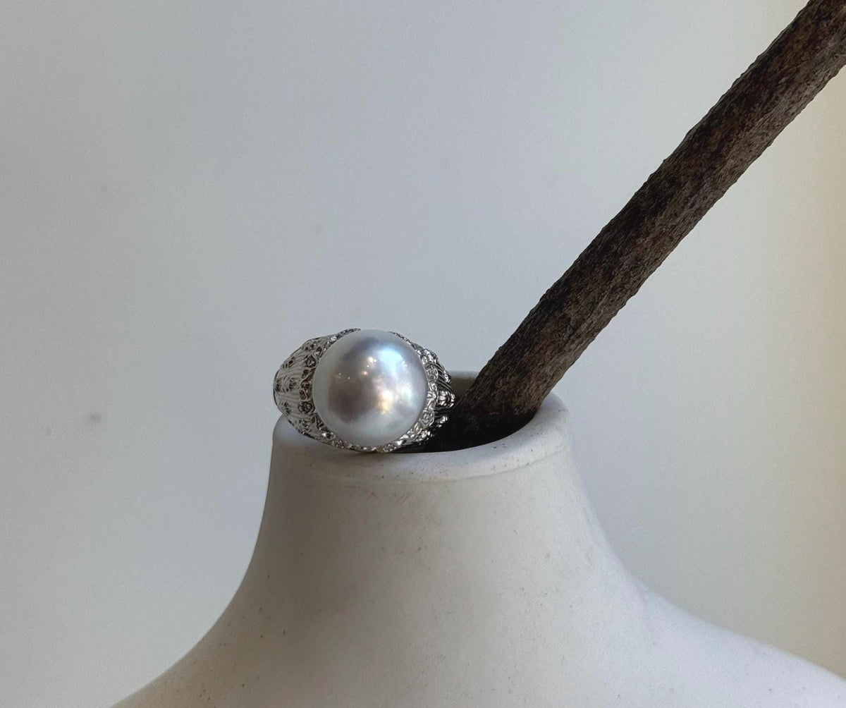 Elly’s 12.4mm Australian ocean white blue pearl Ring: Extreme luster mirrored, S925 silver adjustable Vintage Ring. high quality white ocean pearl silver ring for her