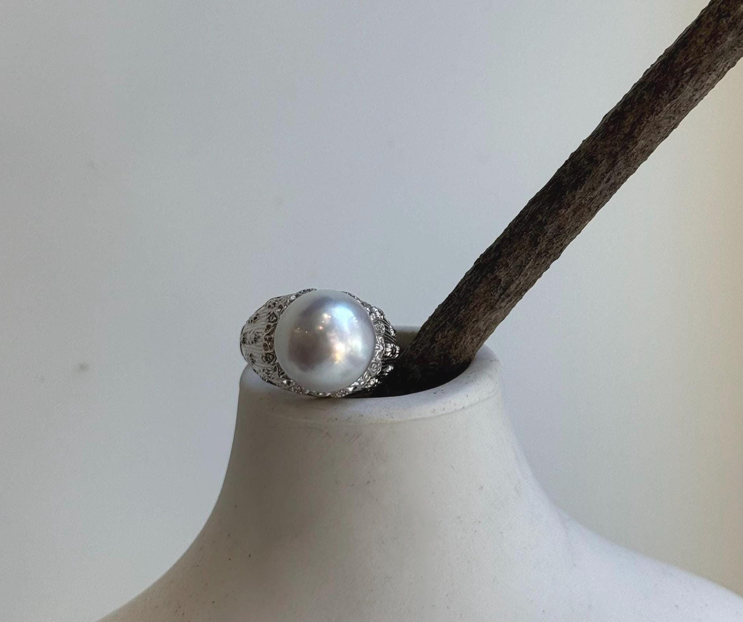Elly’s 12.4mm Australian ocean white blue pearl Ring: Extreme luster mirrored, S925 silver adjustable Vintage Ring. high quality white ocean pearl silver ring for her
