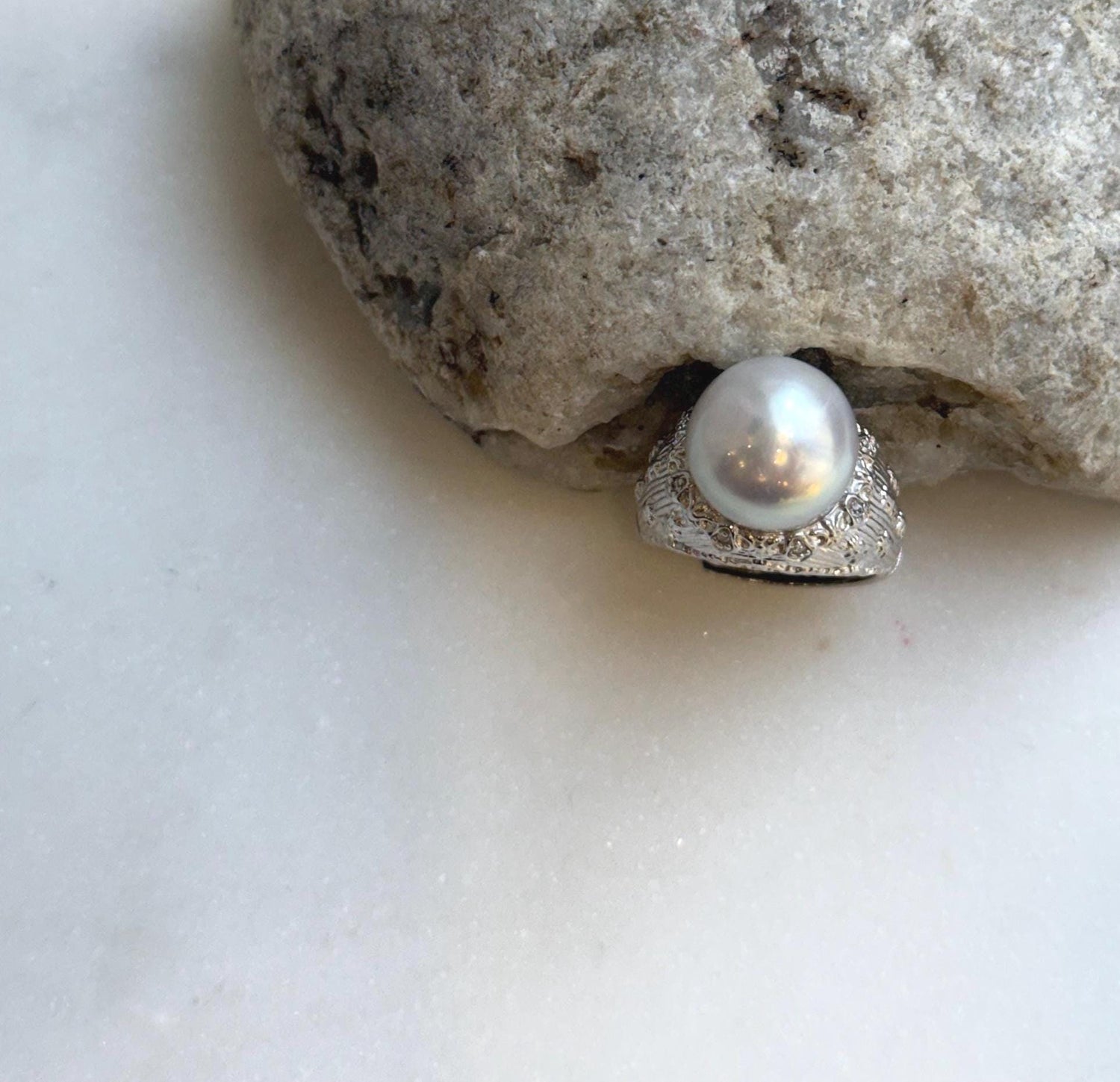 Elly’s 12.4mm Australian ocean white blue pearl Ring: Extreme luster mirrored, S925 silver adjustable Vintage Ring. high quality white ocean pearl silver ring for her birthday