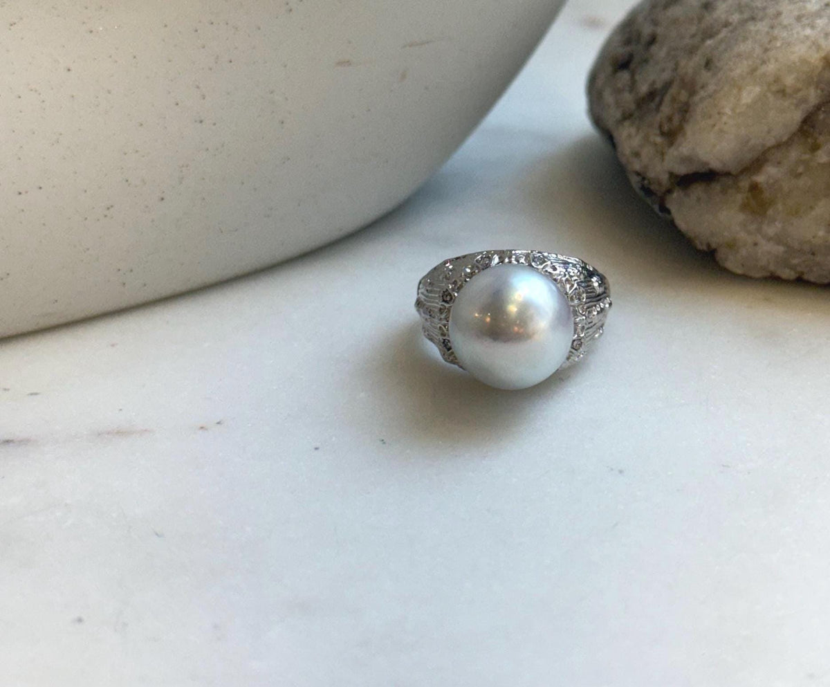 Elly’s 12.4mm Australian ocean white blue pearl Ring: Extreme luster mirrored, S925 silver adjustable Vintage Ring. high quality white ocean pearl silver ring for her anniversary