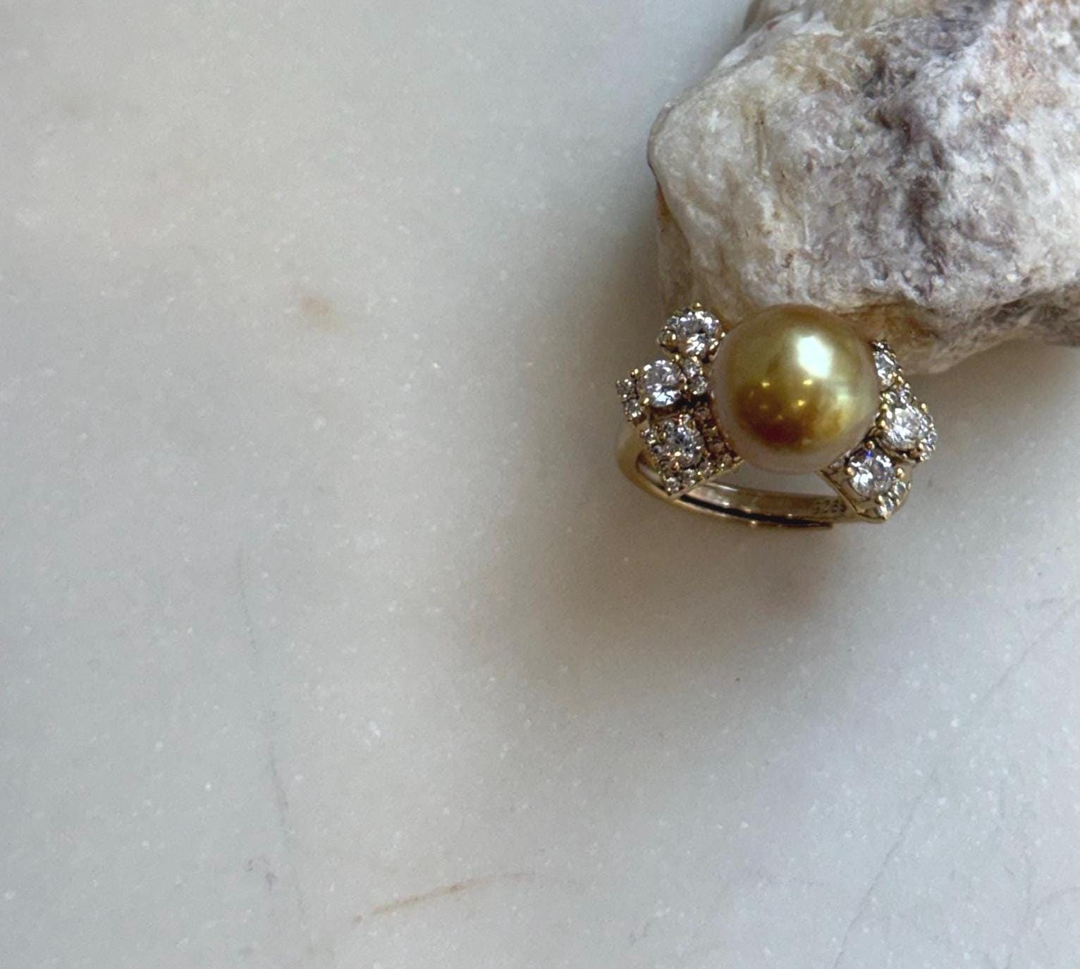 Elly’s 10.5mm South sea deep Tea gold ocean pearl Ring: Extreme luster, 1.2x2cm, S925 silver with gold plated adjustable Vintage Ring.high quality golden pearl ring for her