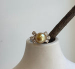 Elly’s 10.5mm South sea deep Tea gold ocean pearl Ring: Extreme luster, 1.2x2cm, S925 silver with gold plated adjustable Vintage Ring.high quality golden pearl ring for her  party