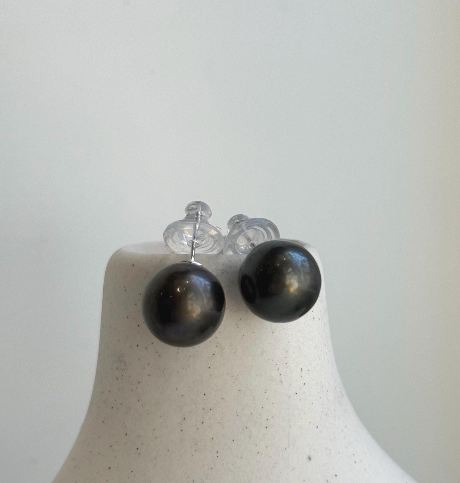Elly’s 12.7mm Tahitian Black Platinum ocean Pearls Earrings Studs: Extreme luster Mirrored,S925 silver minimalist earrings.