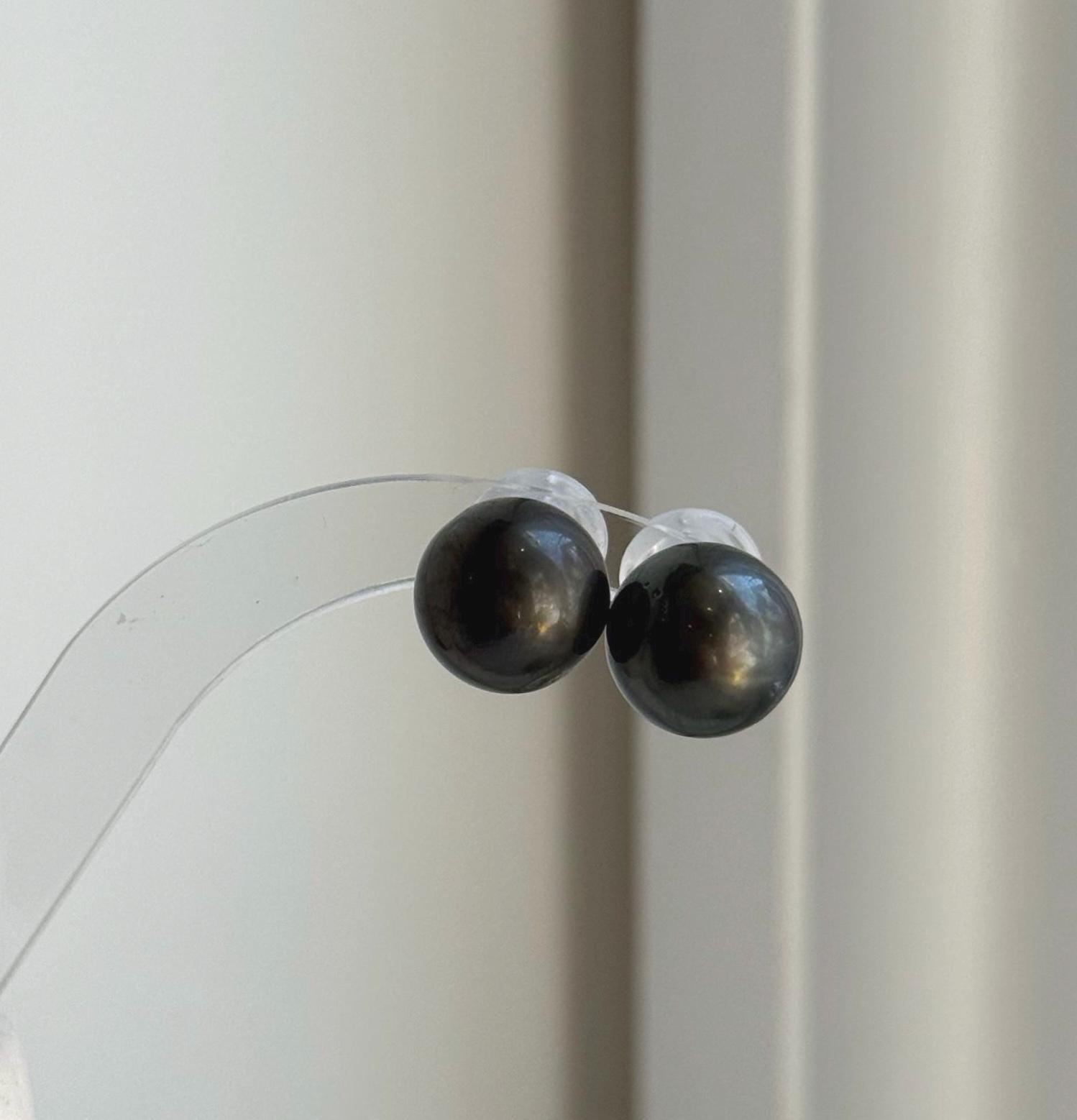 Elly’s 12.7mm Tahitian Black Platinum ocean Pearls Earrings Studs: Extreme luster Mirrored,S925 silver minimalist earrings.