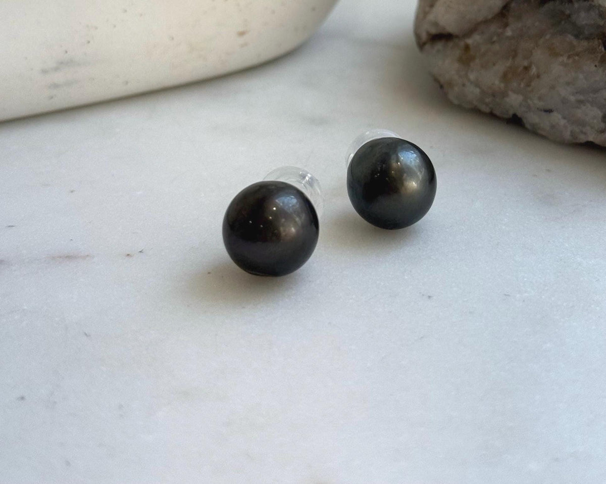 Elly’s 12.7mm Tahitian Black Platinum ocean Pearls Earrings Studs: Extreme luster Mirrored,S925 silver minimalist earrings. daily office black pearl earrings studs for her anniversary