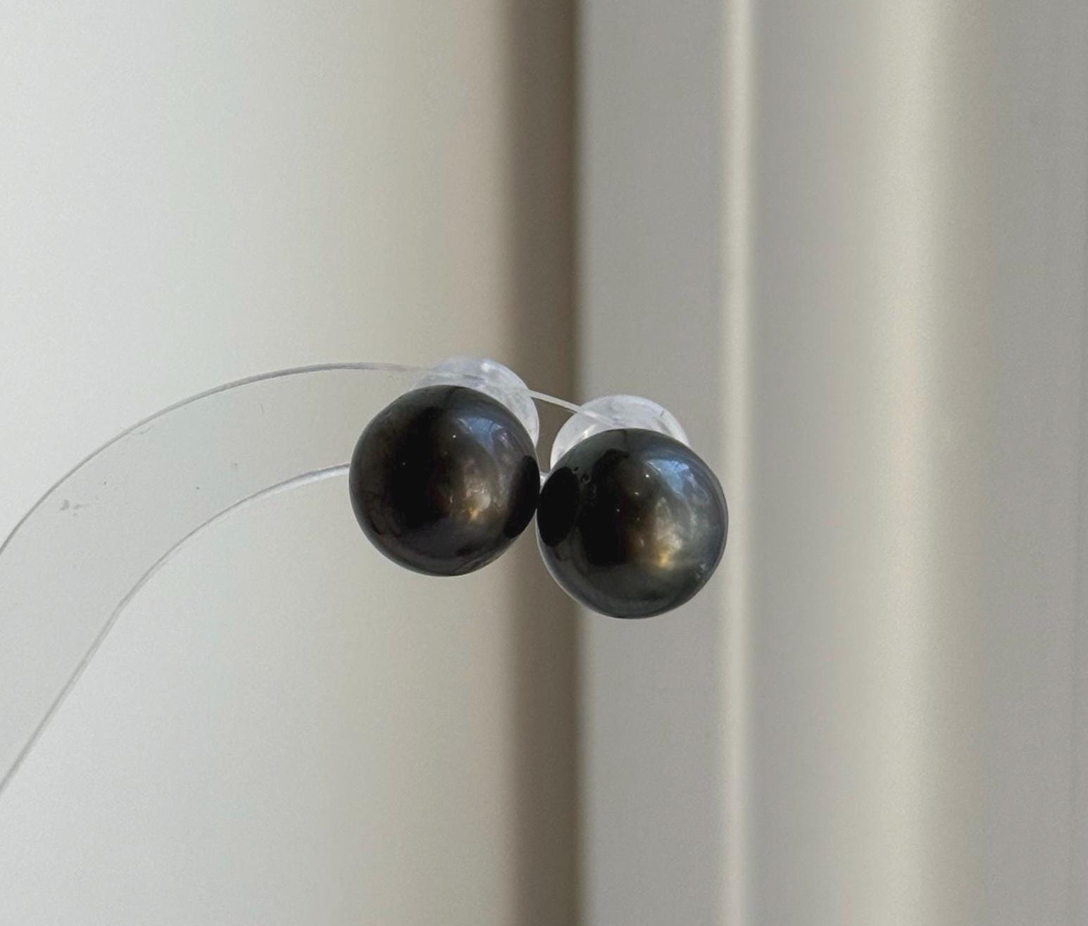 Elly’s 12.7mm Tahitian Black Platinum ocean Pearls Earrings Studs: Extreme luster Mirrored,S925 silver minimalist earrings. daily office black pearl earrings studs for her