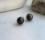 Elly’s 12.7mm Tahitian Black Platinum ocean Pearls Earrings Studs: Extreme luster Mirrored,S925 silver minimalist earrings. daily office black pearl earrings studs for her