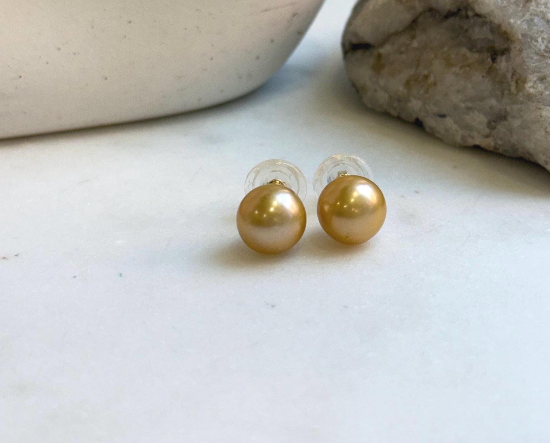 Elly’s 10.4mm Edison ultra gold Pearls Earrings Studs: Extreme luster Mirrored, S925 silver minimalist earrings studs.