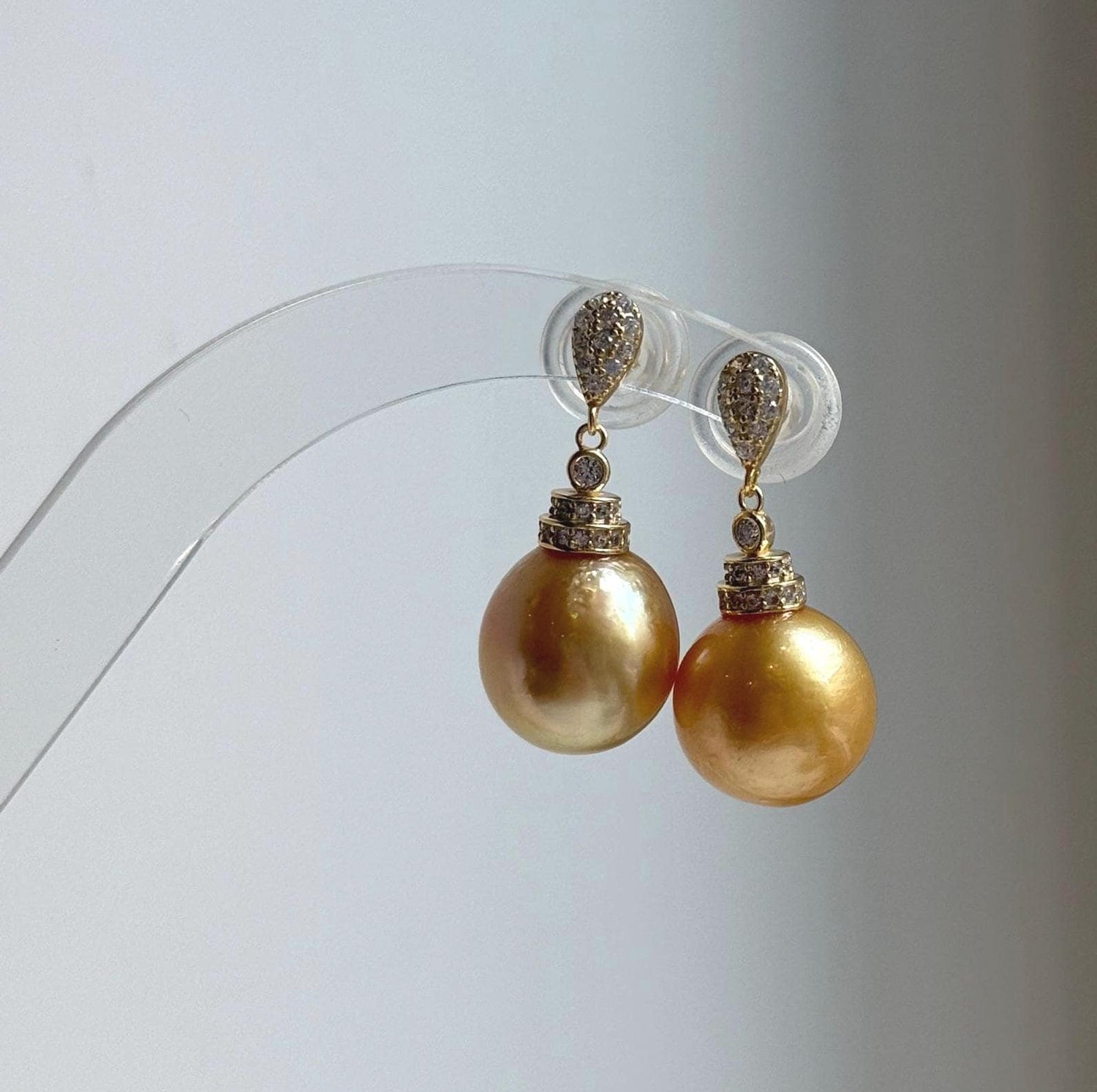 Elly’s 12.8mm Genius South sea deep golden ocean Pearls Earring: Extreme luster, 2.9cm high, S925 silver cool earrings.