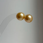 Elly’s 13.3mm Genius Large natural South sea Deep Gold ocean Pearls Earrings studs: Extreme luster mirrored, S925 silver minimalist earring. g high quality golden ocean pearls earrings studs for her holiday