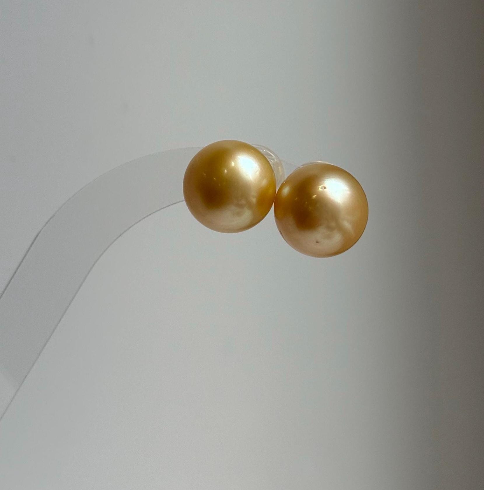 Elly’s 13.3mm Genius Large natural South sea Deep Gold ocean Pearls Earrings studs: Extreme luster mirrored, S925 silver minimalist earring. g high quality golden ocean pearls earrings studs for her holiday