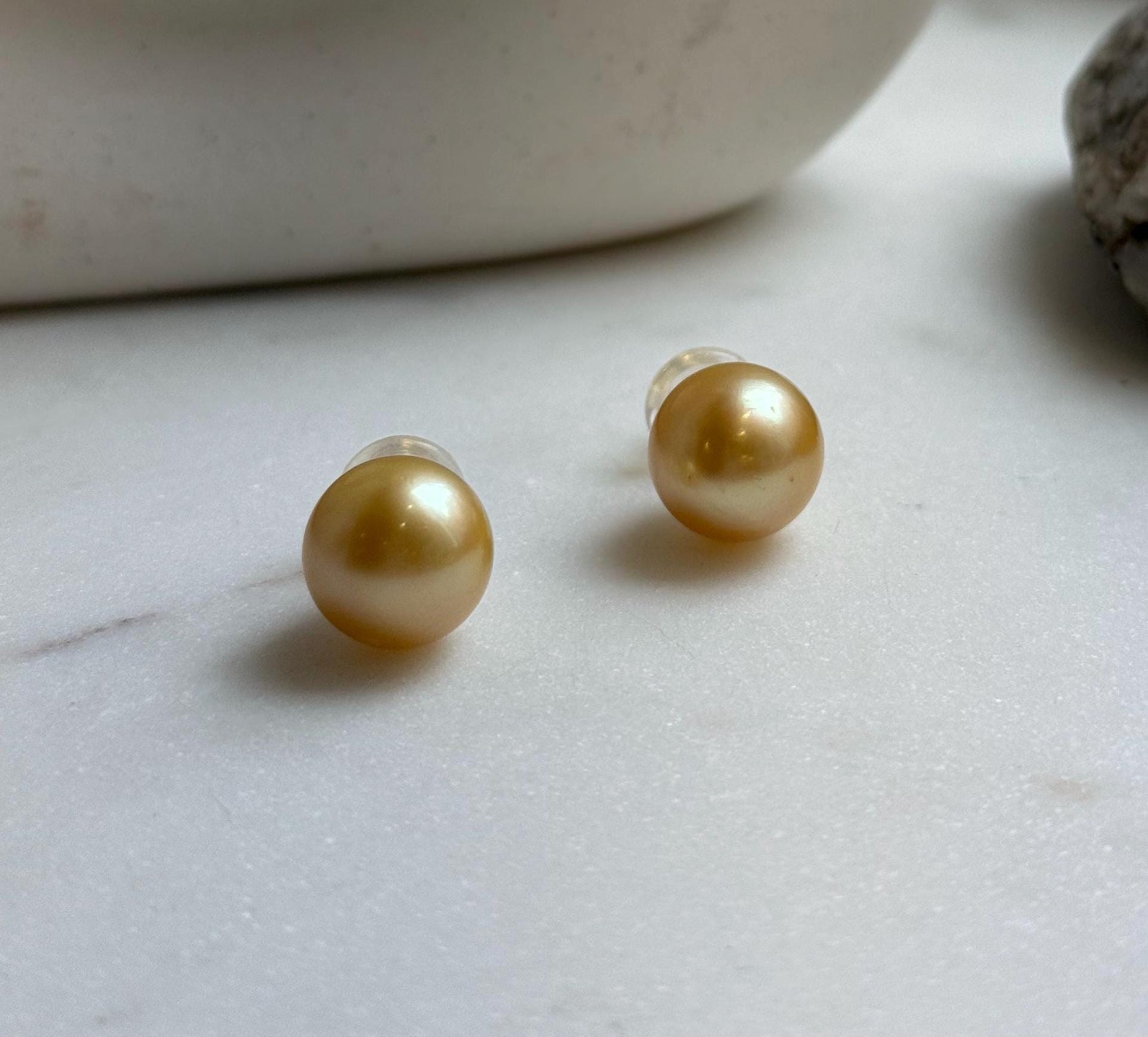 Elly’s 13.3mm Genius Large natural South sea Deep Gold ocean Pearls Earrings studs: Extreme luster mirrored, S925 silver minimalist earring. g high quality golden ocean pearls earrings studs for her