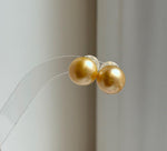Elly’s 13.3mm Genius Large natural South sea Deep Gold ocean Pearls Earrings studs: Extreme luster mirrored, S925 silver minimalist earring. g high quality golden ocean pearls earrings studs for her