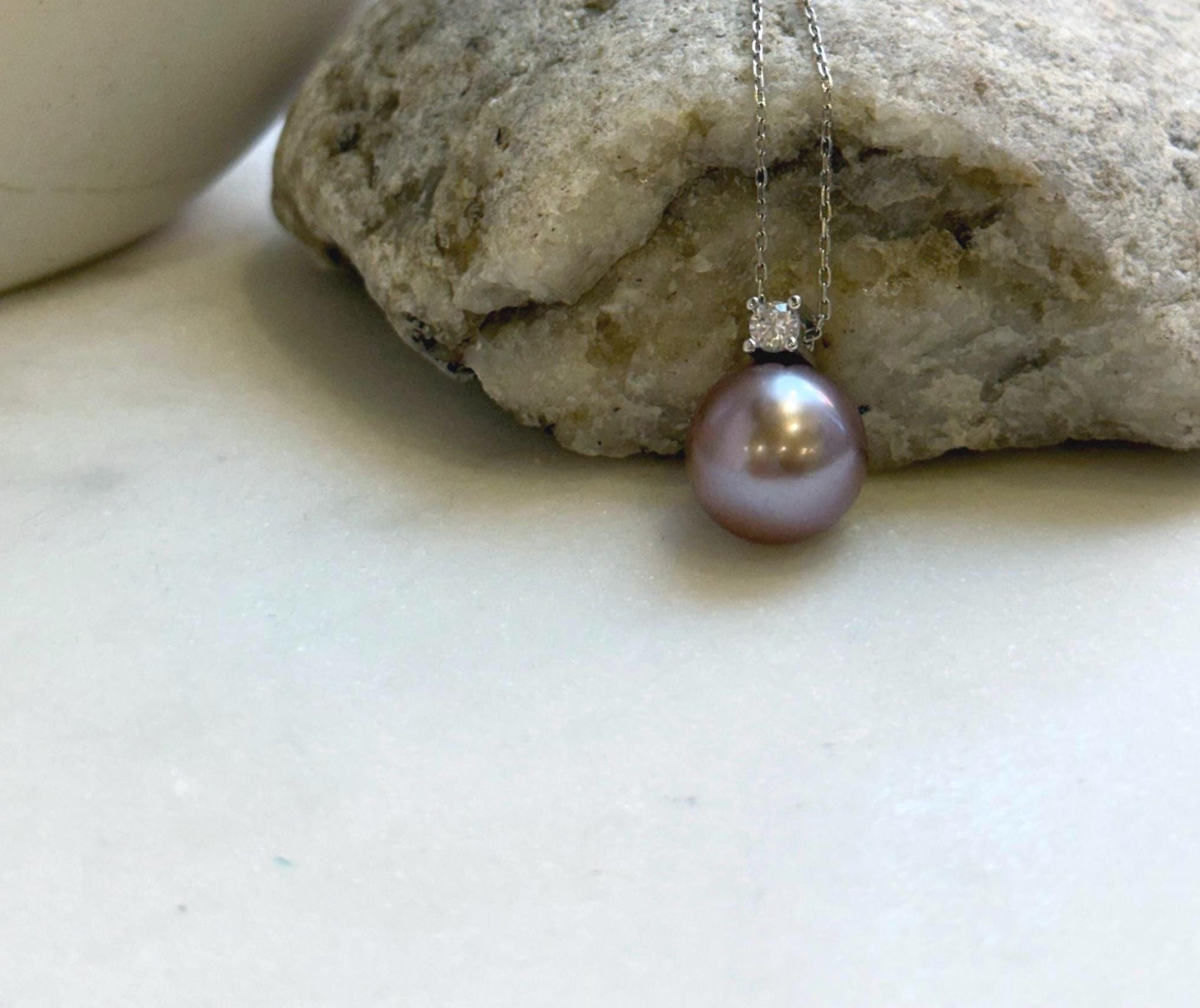 Elly’s 12.7mm Huge Edison Rose Mauve Pearl Minimalist Pendant: Extreme luster mirrored, 1.7cm high, s925 silver pendant necklace set. daily office high quality pearl pendant for her holiday
